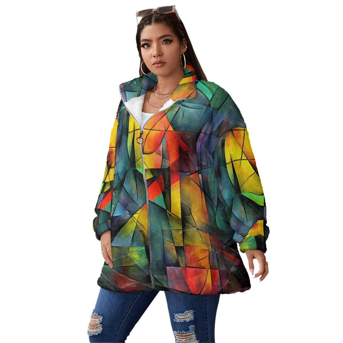 Multi-Color Mosaic Unisex Borg Fleece Stand-up Collar Coat With Zipper Closure(Plus Size)
