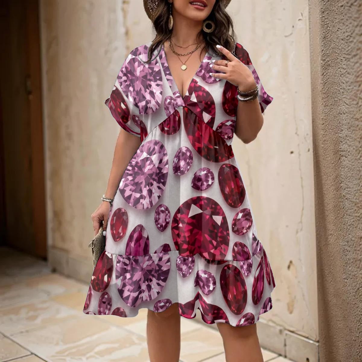 Pink and Red Gemstone All-Over Print Women’s Floral V-Neck Short Sleeve Dress