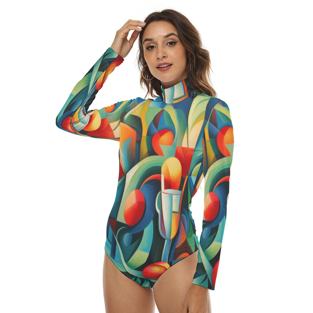 Abstract Geometric All-Over Print Women's Stretchy Turtleneck Long Sleeve Bodysuit