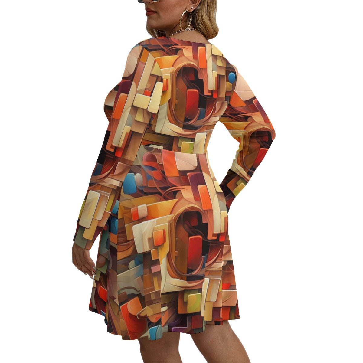 Cubist and Futurist Abstract Art All-Over Print Women's V-neck Long Sleeve Dress(Plus Size)
