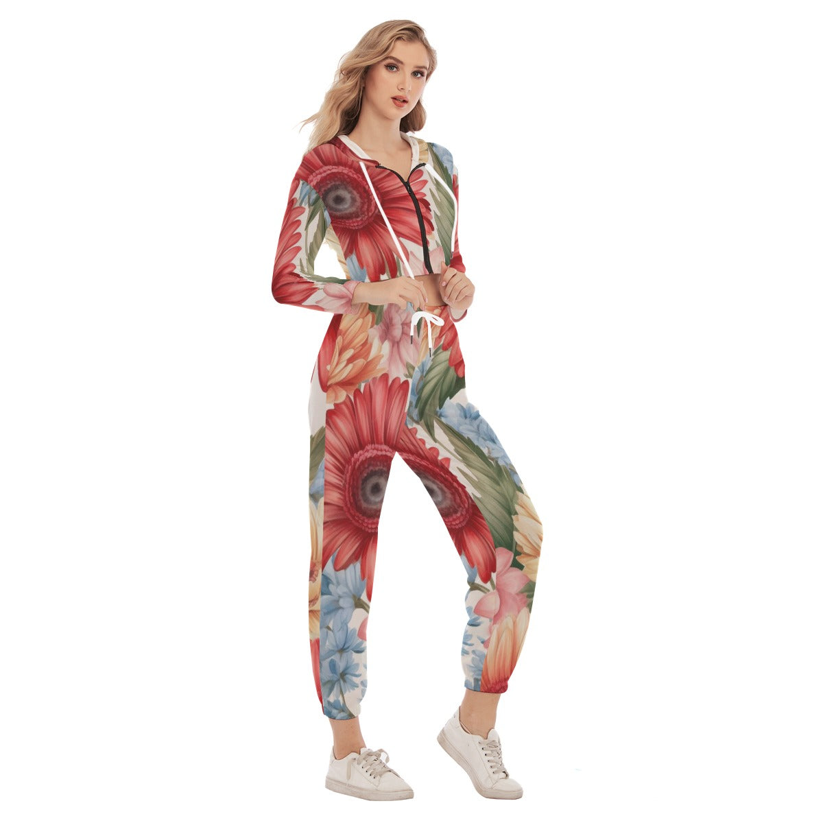 Gerbera daisies and tropical floral patterns All-Over Print Women's Crop Hoodie Sports Set
