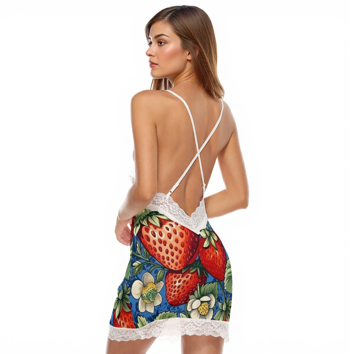 Ripe-Red-Strawberries All-Over Women's Cami Dress With Lace Edge