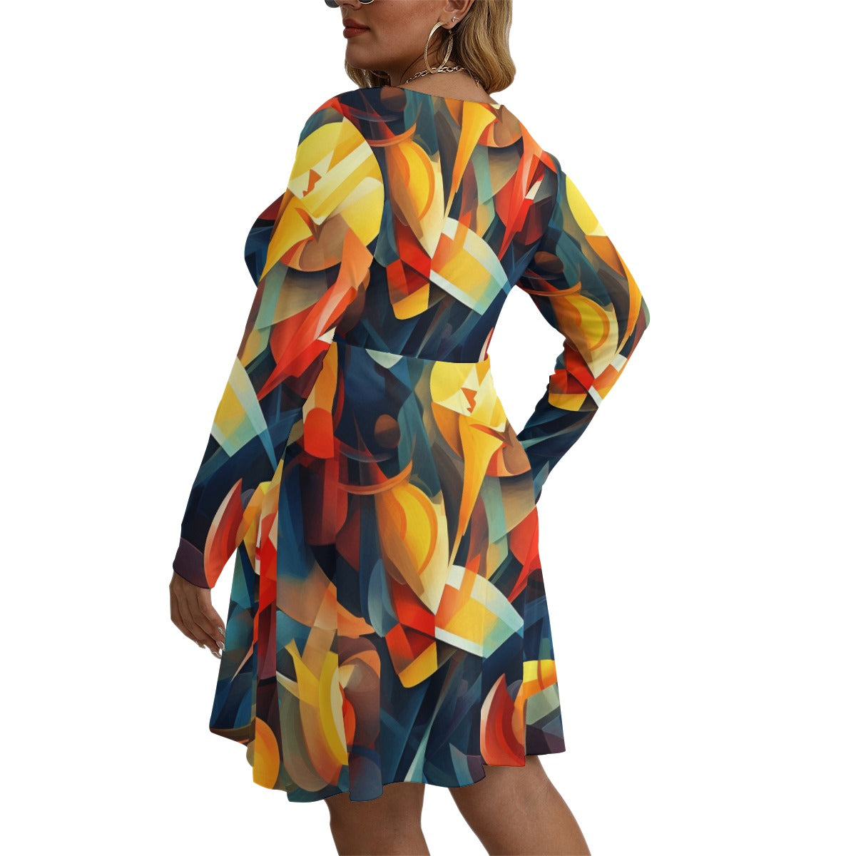 Vibrant Cubist Abstract Art  All-Over Print Women's V-neck Long Sleeve Dress(Plus Size)