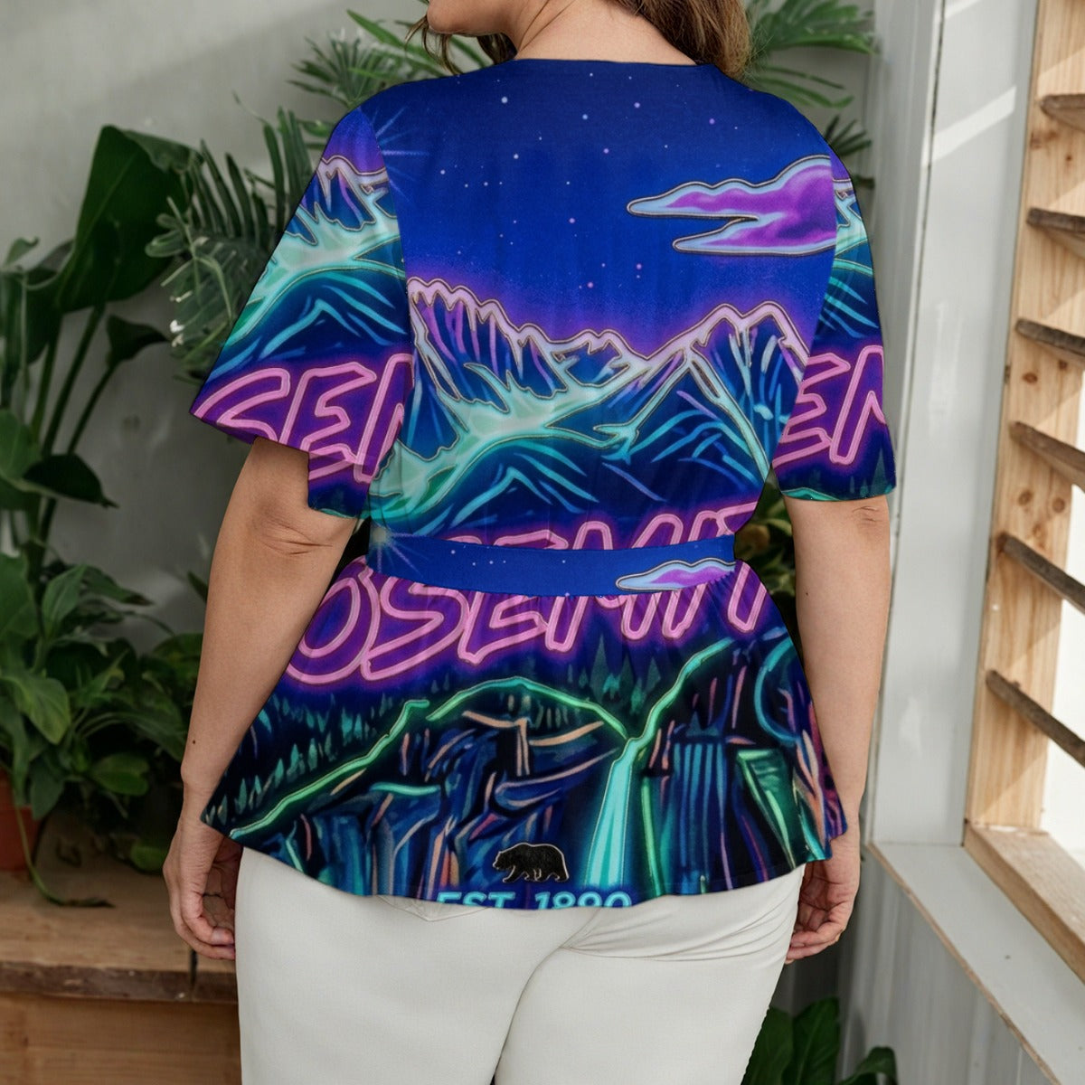 Retro Synth-wave/Neon Yosemite National All-Over Print Women's Wrap Blouse