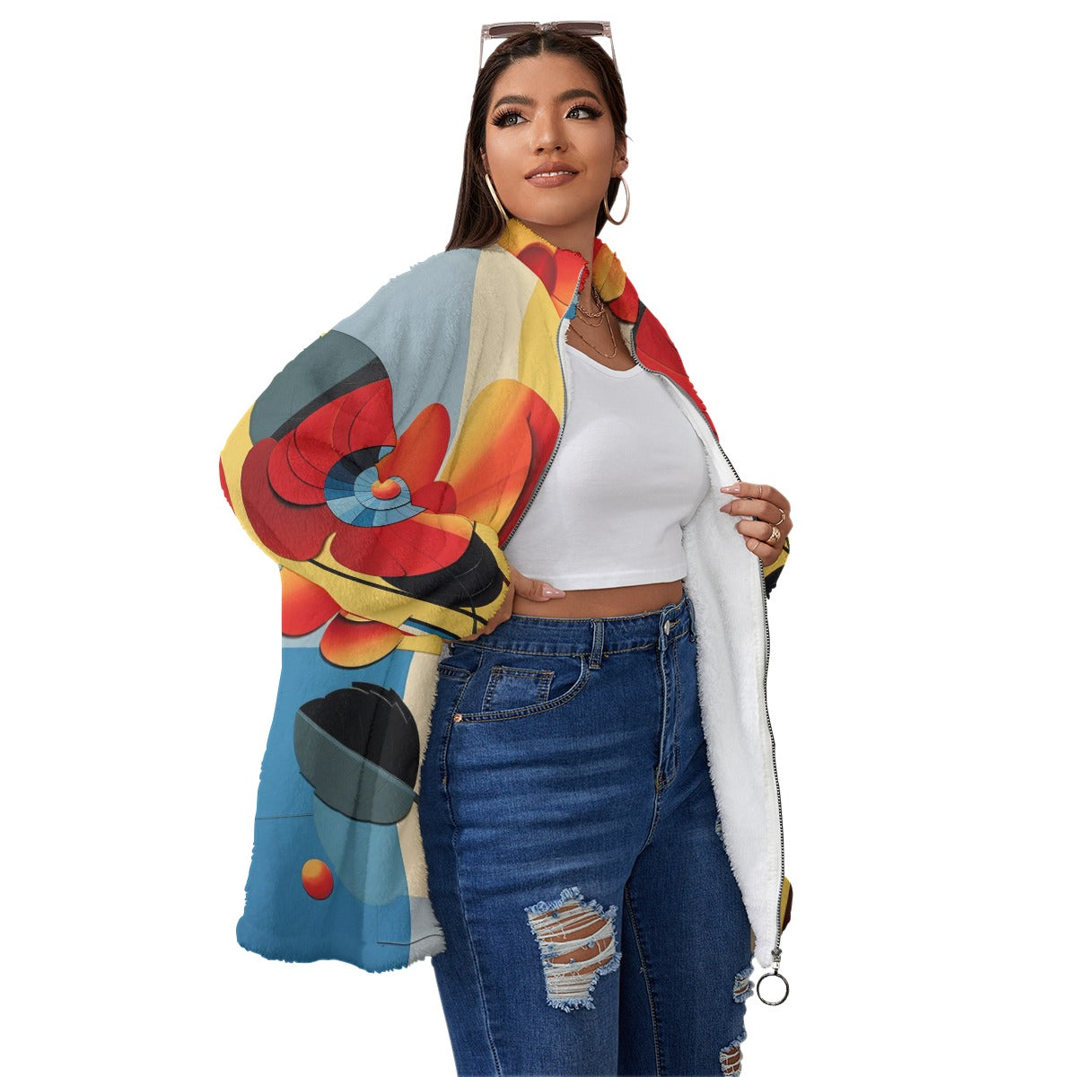 Floral Vintage All-Over Print Unisex Borg Fleece Stand-up Collar Coat With Zipper Closure(Plus Size)