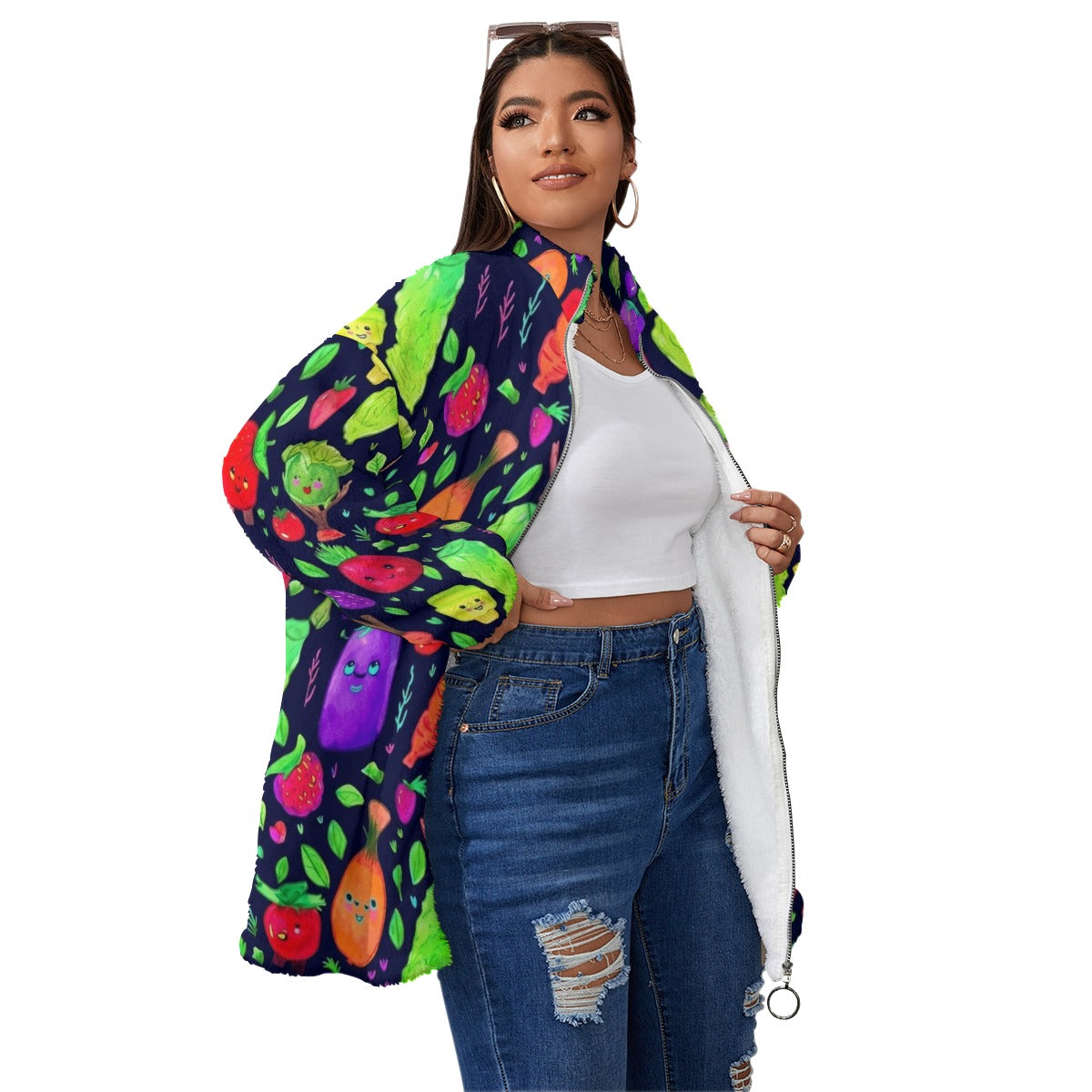 Fruit and Vegetable Unisex Borg Fleece Stand-up Collar Coat With Zipper Closure(Plus Size)