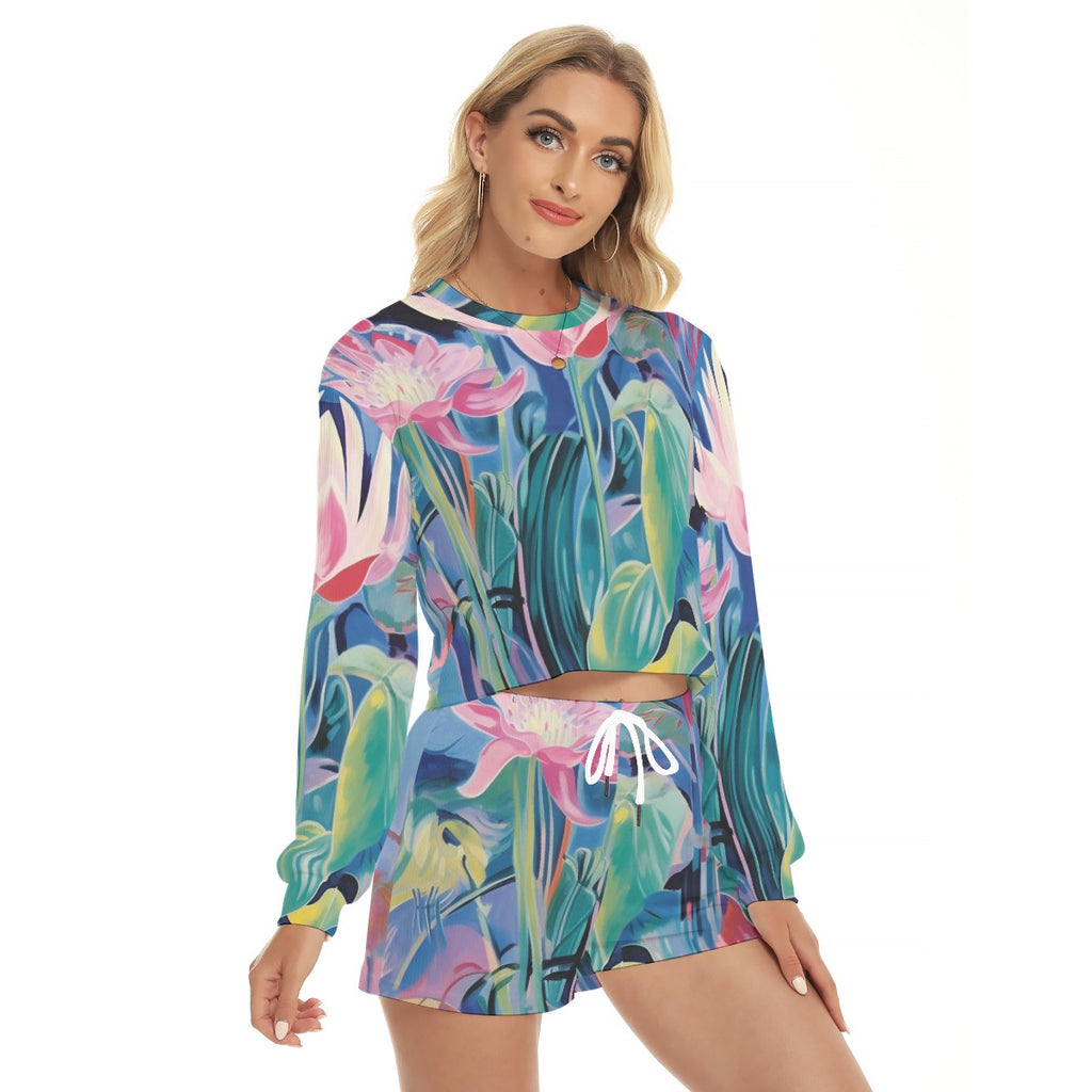 Tropical All-Over Print Women's Short Sweatshirt And Pants Suit