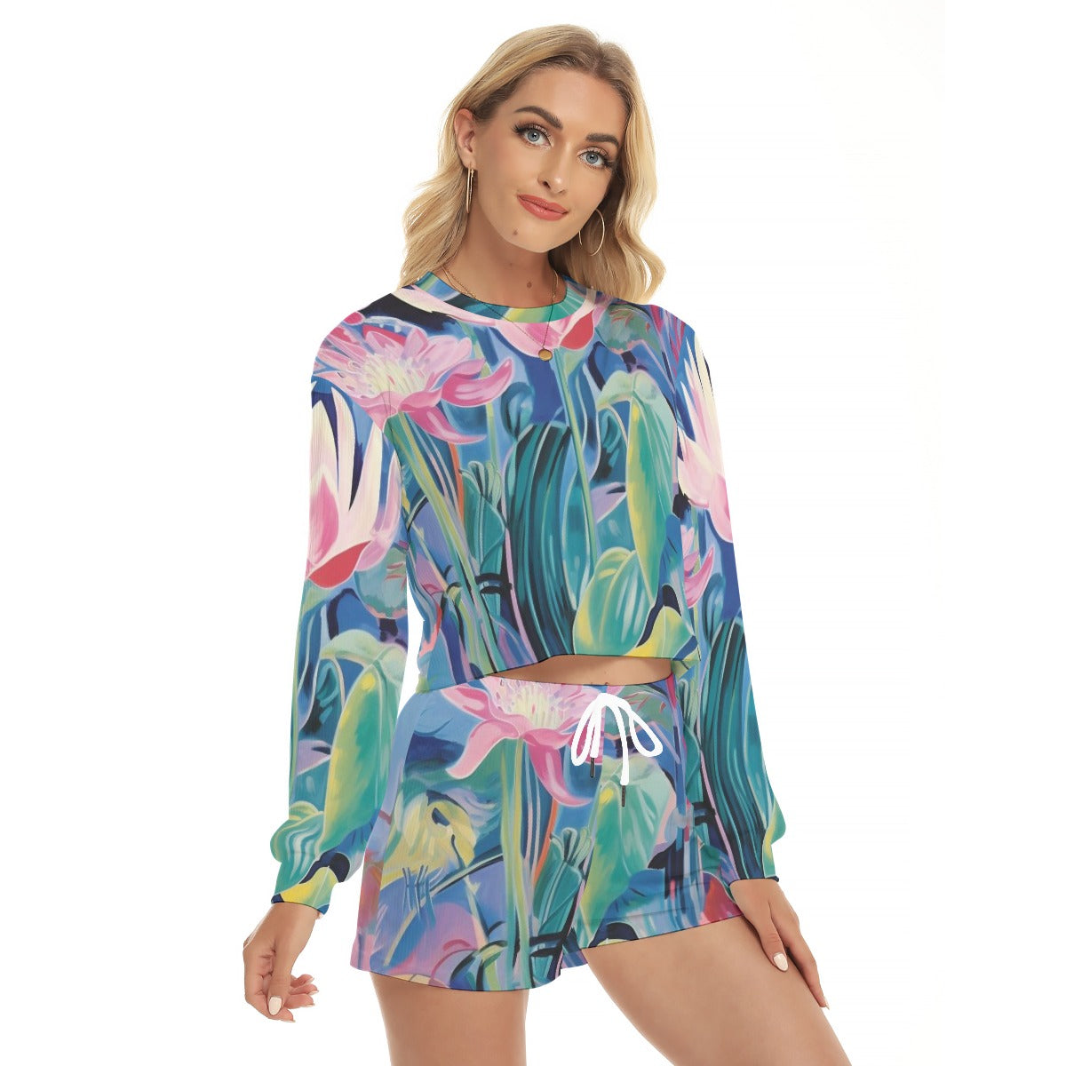 Tropical All-Over Print Women's Short Sweatshirt And Pants Suit