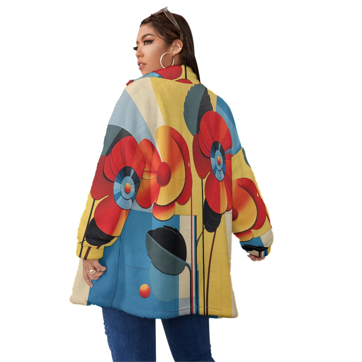 Floral Vintage All-Over Print Unisex Borg Fleece Stand-up Collar Coat With Zipper Closure(Plus Size)