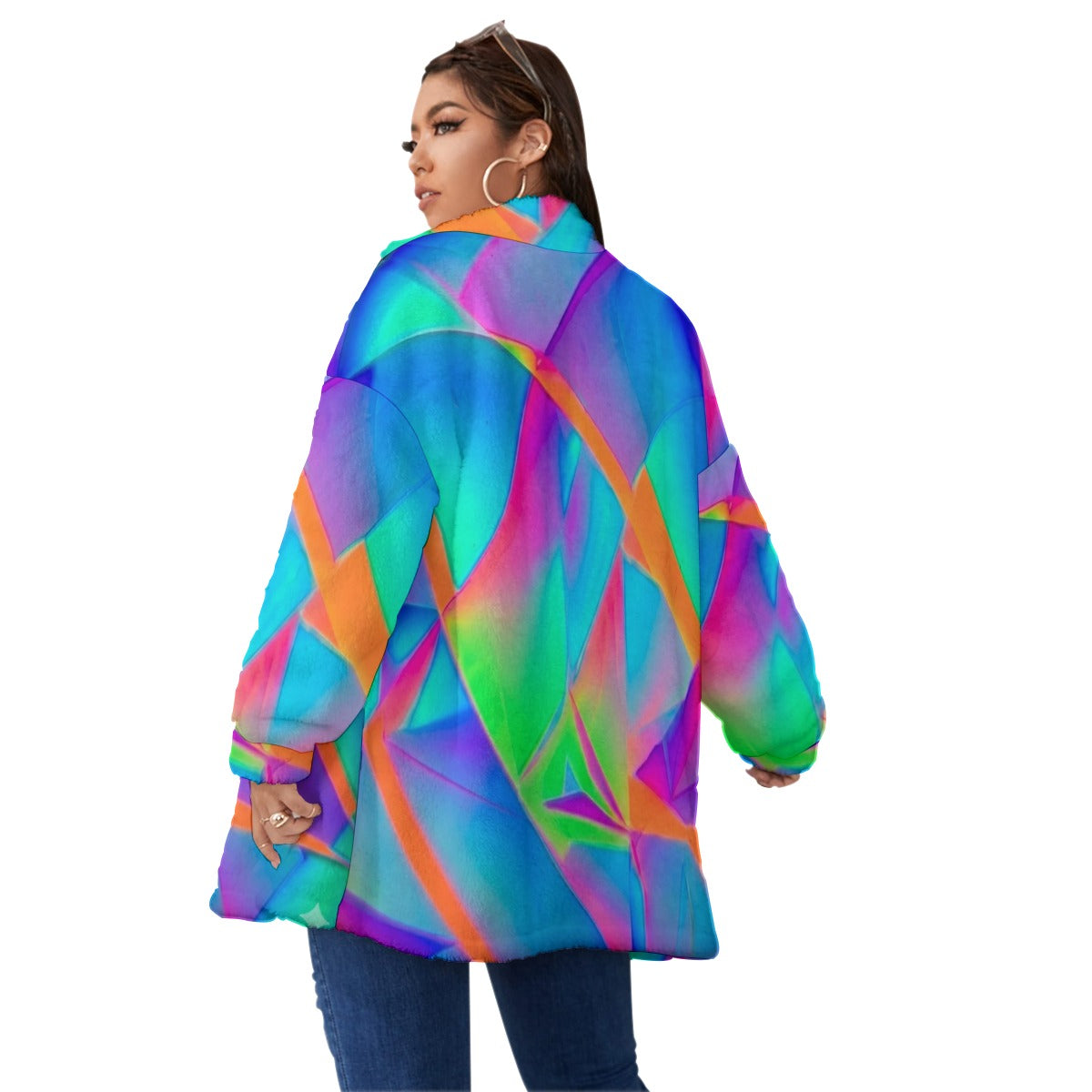 Eclectic-Mix-Shapes Unisex Borg Fleece Stand-up Collar Coat With Zipper Closure(Plus Size)