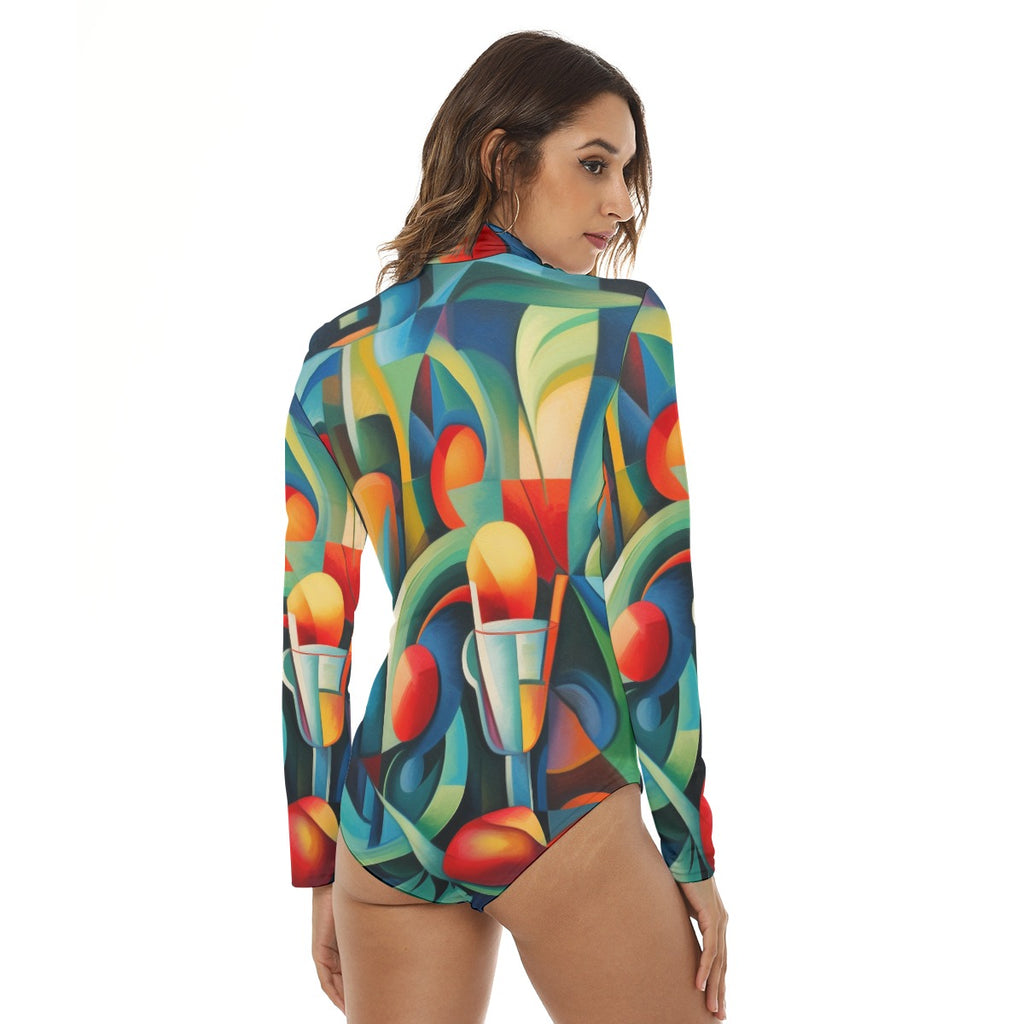 Abstract Geometric All-Over Print Women's Stretchy Turtleneck Long Sleeve Bodysuit