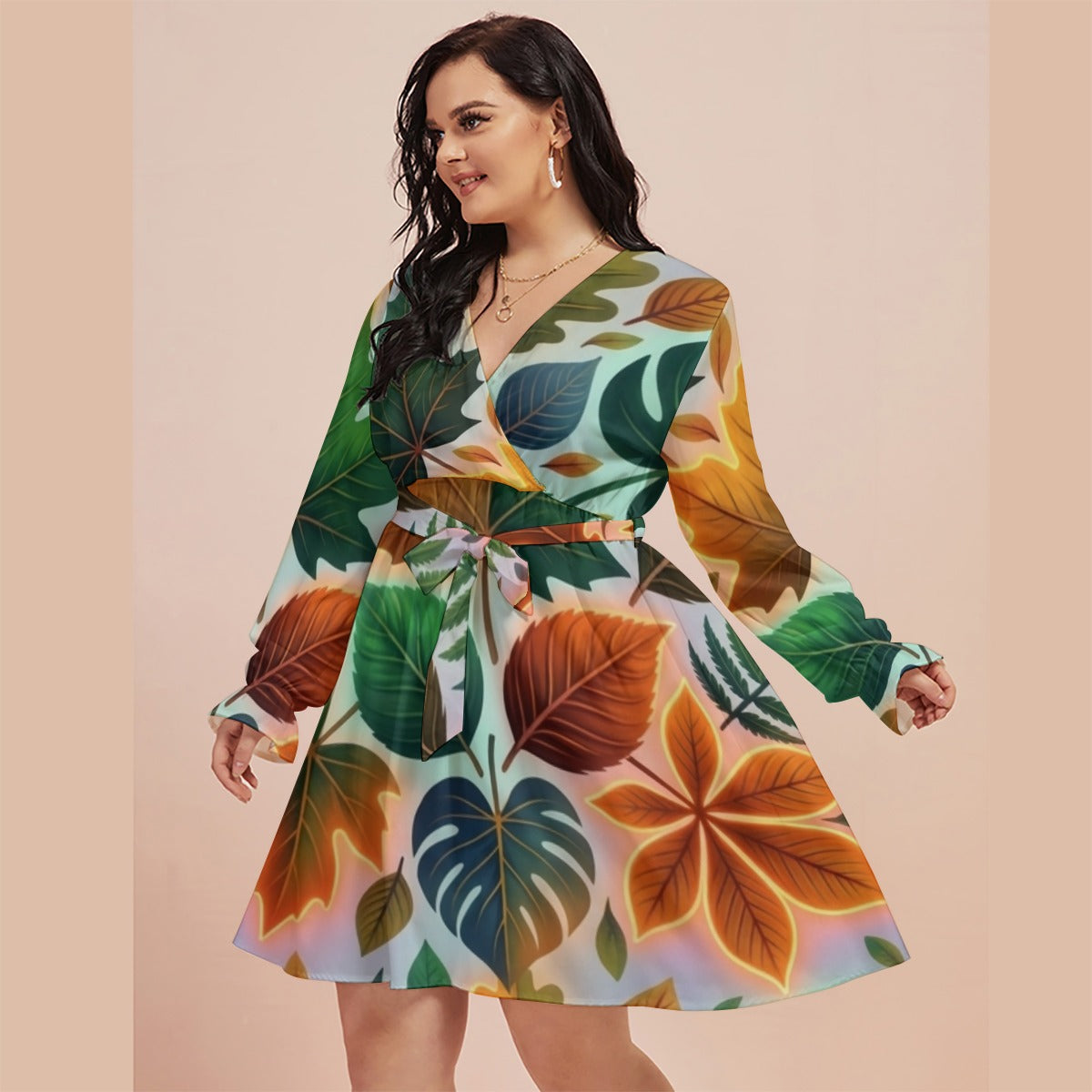Multi-color leaf All-Over Print Women's V-neck Dress With Waistband(Plus Size)