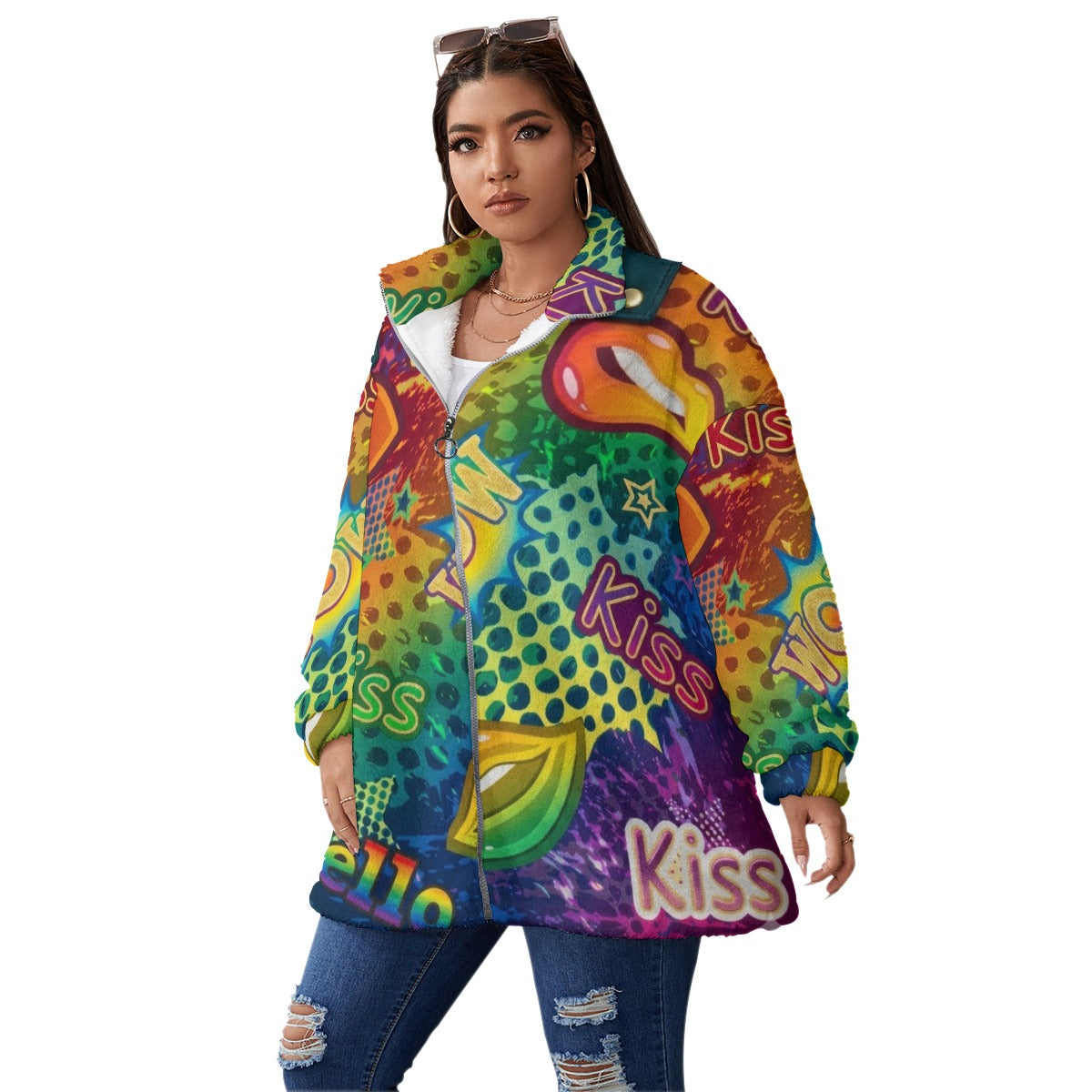 Graffiti-All-Over Print Unisex Borg Fleece Stand-up Collar Coat With Zipper Closure(Plus Size)