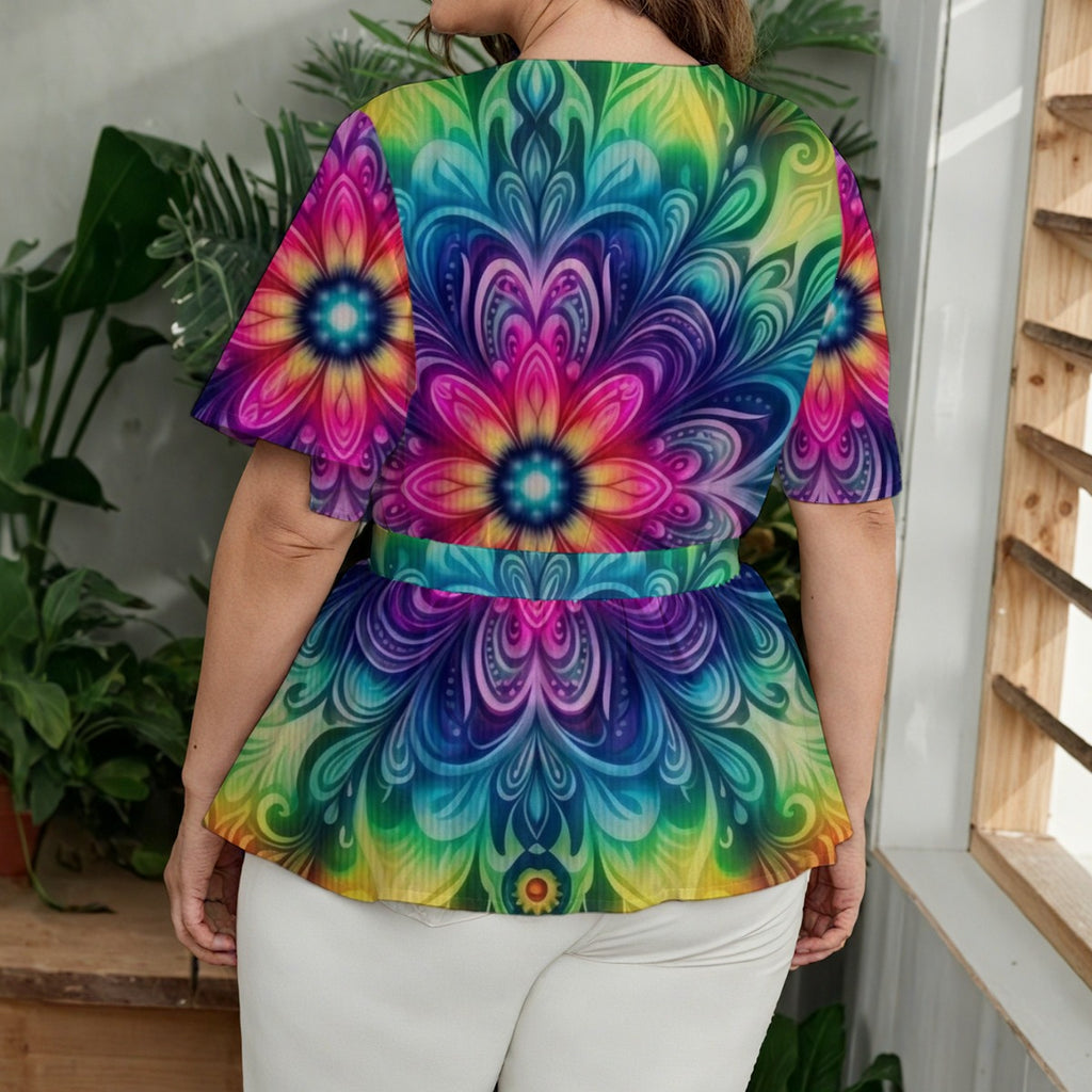 Psychedelic Floral Kaleidoscope All-Over Print Women's Wrap Blouse