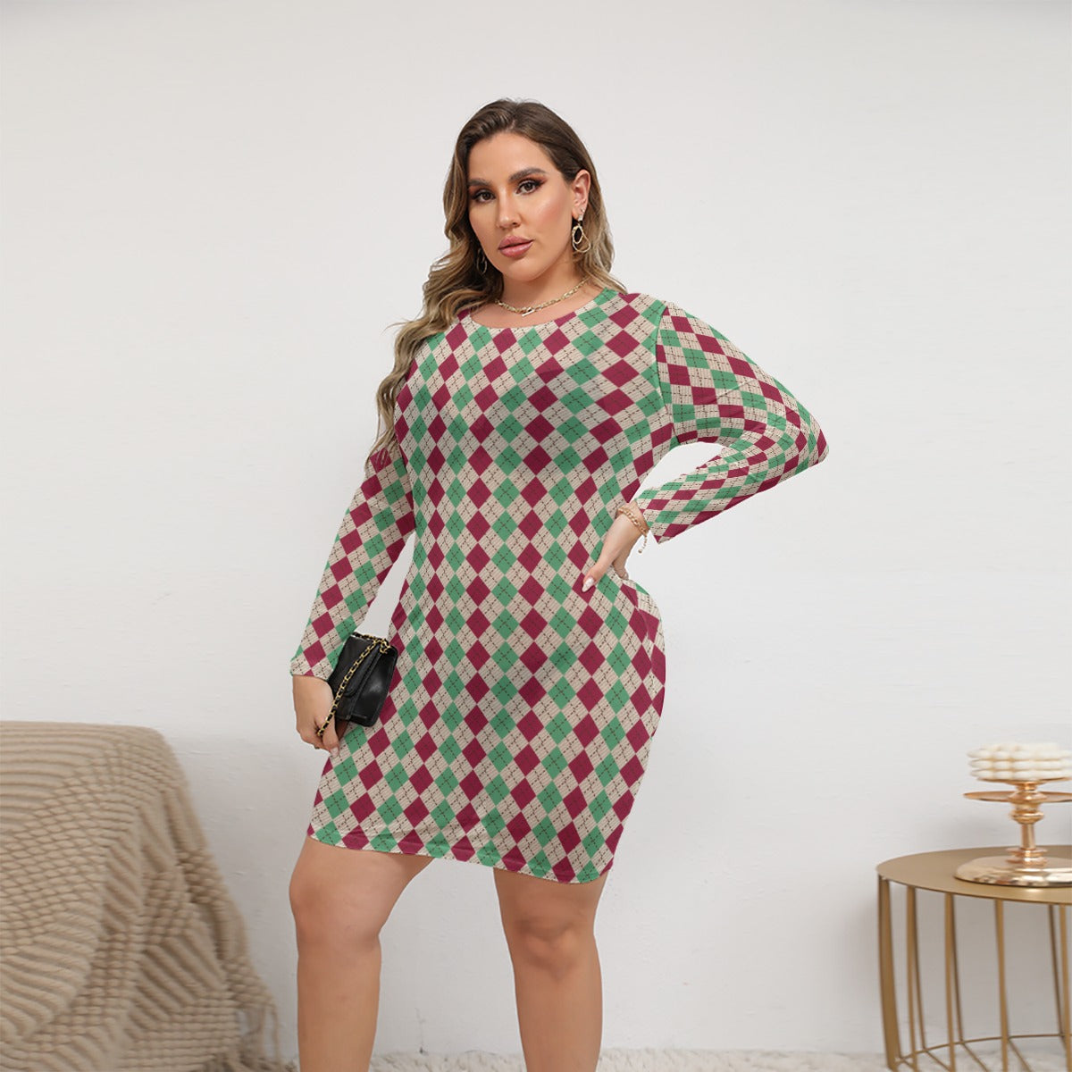 Geometric Green, Burgundy/Red, off White All-Over Print Women's Mesh Dress (Plus Size)