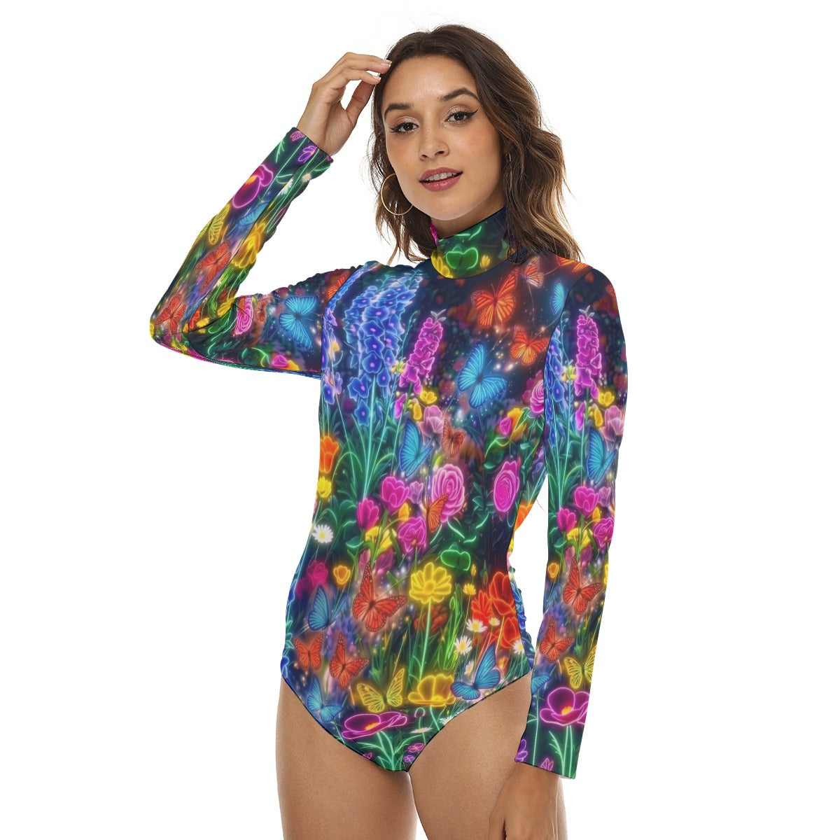 Neon Floral Butterfly Women's Stretchy Turtleneck Long Sleeve Bodysuit