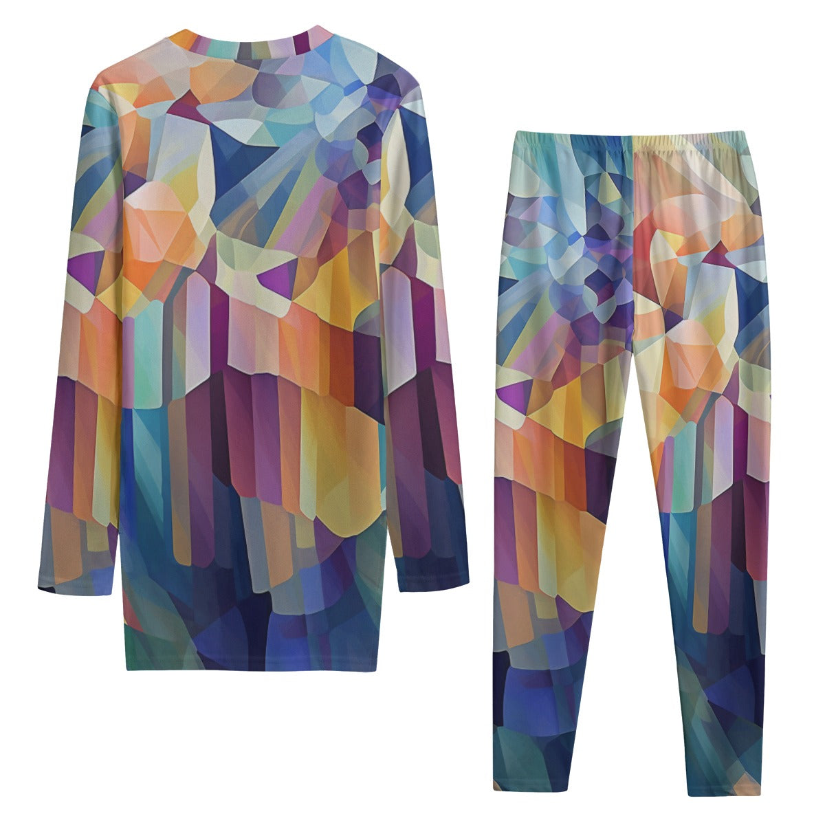 Stained-Glass Geometric Pattern All-Over Print Women's Side Split T-shirt Set