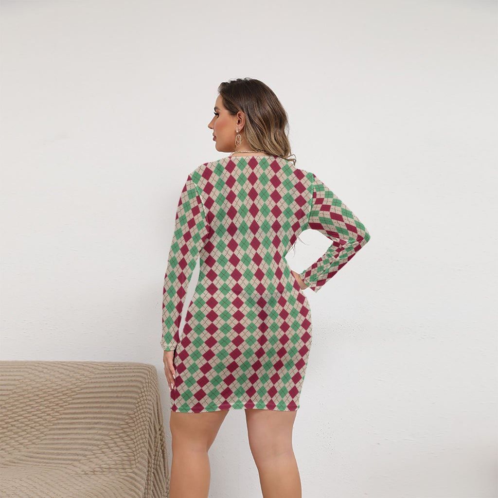 Geometric Green, Burgundy/Red, off White All-Over Print Women's Mesh Dress (Plus Size)