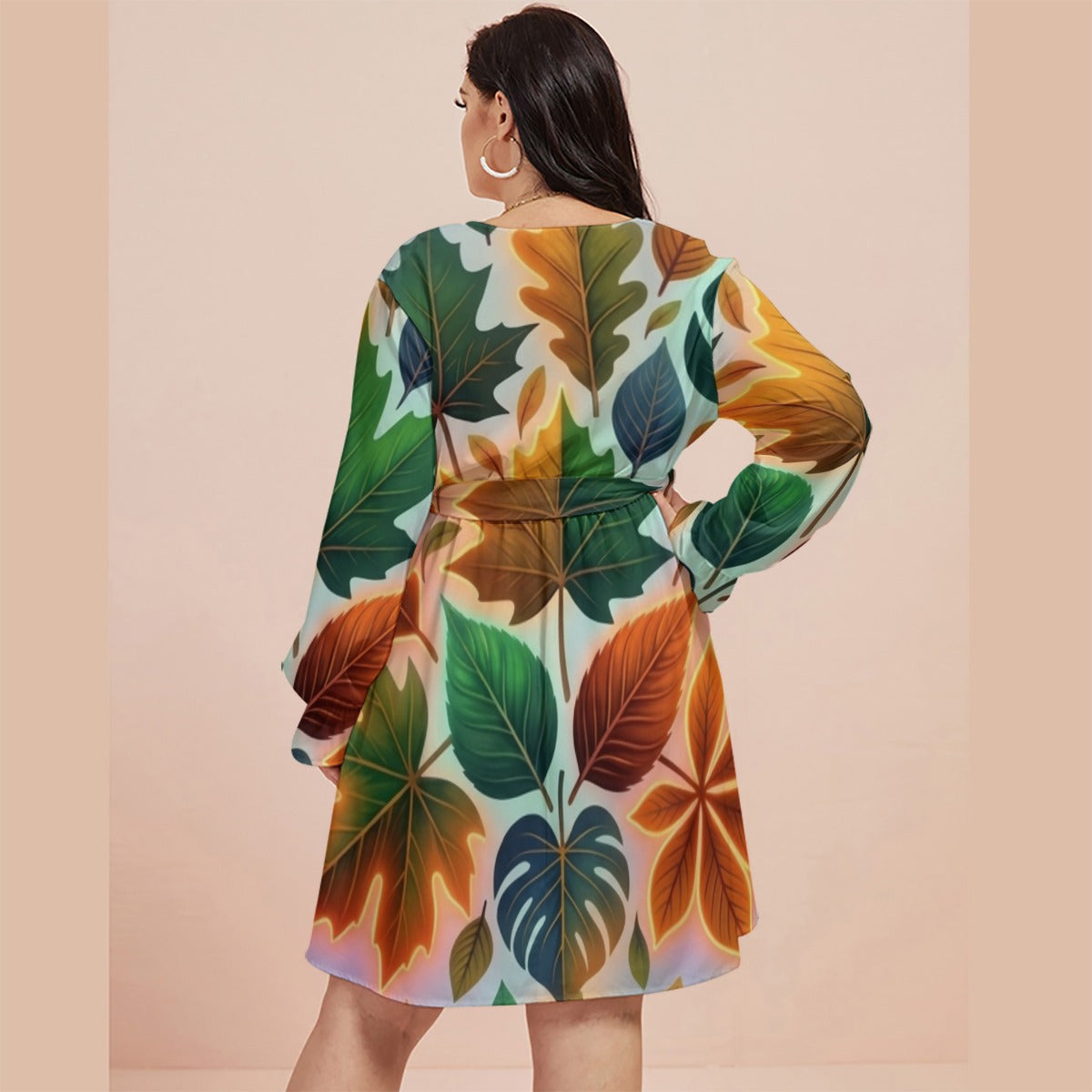 Multi-color leaf All-Over Print Women's V-neck Dress With Waistband(Plus Size)