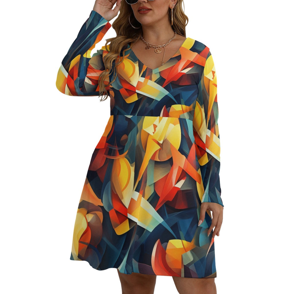 Vibrant Cubist Abstract Art  All-Over Print Women's V-neck Long Sleeve Dress(Plus Size)