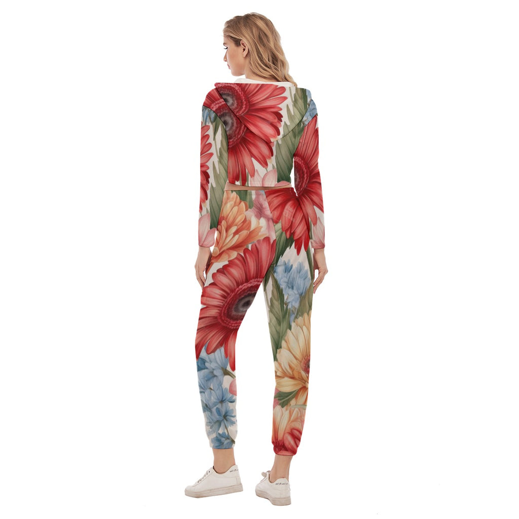 Gerbera daisies and tropical floral patterns All-Over Print Women's Crop Hoodie Sports Set