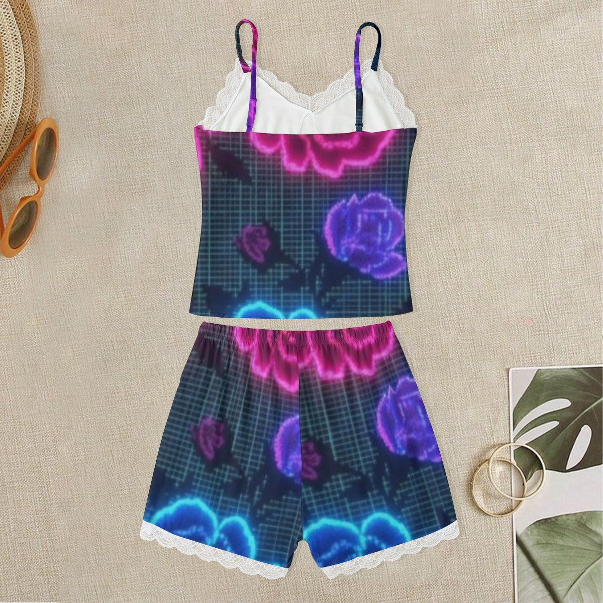 Fluorescent-Floral All-Over Print Women's Cami Home Suit With Lace Edge