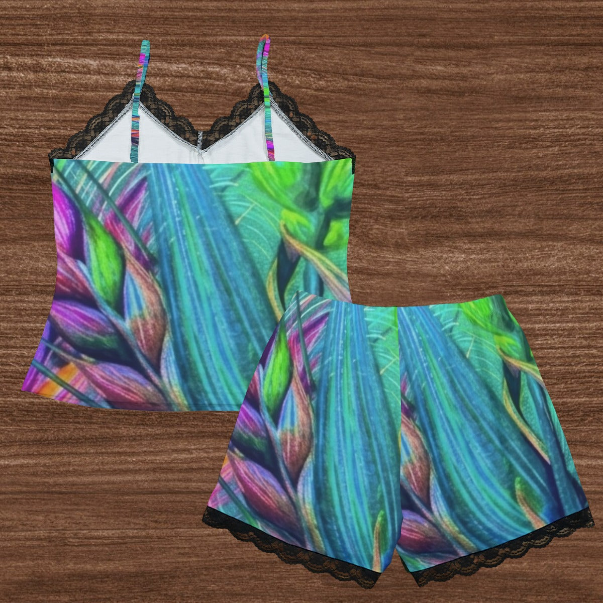 Artistic-Tropical-Botanical All-Over Print Women's Cam Home Suit With Lace Edge