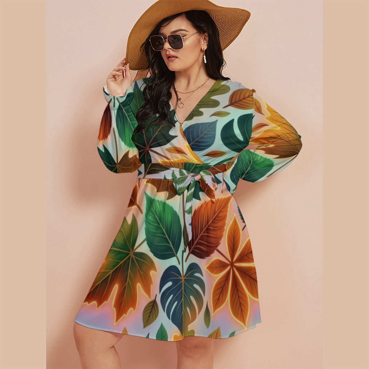 Multi-color leaf All-Over Print Women's V-neck Dress With Waistband(Plus Size)