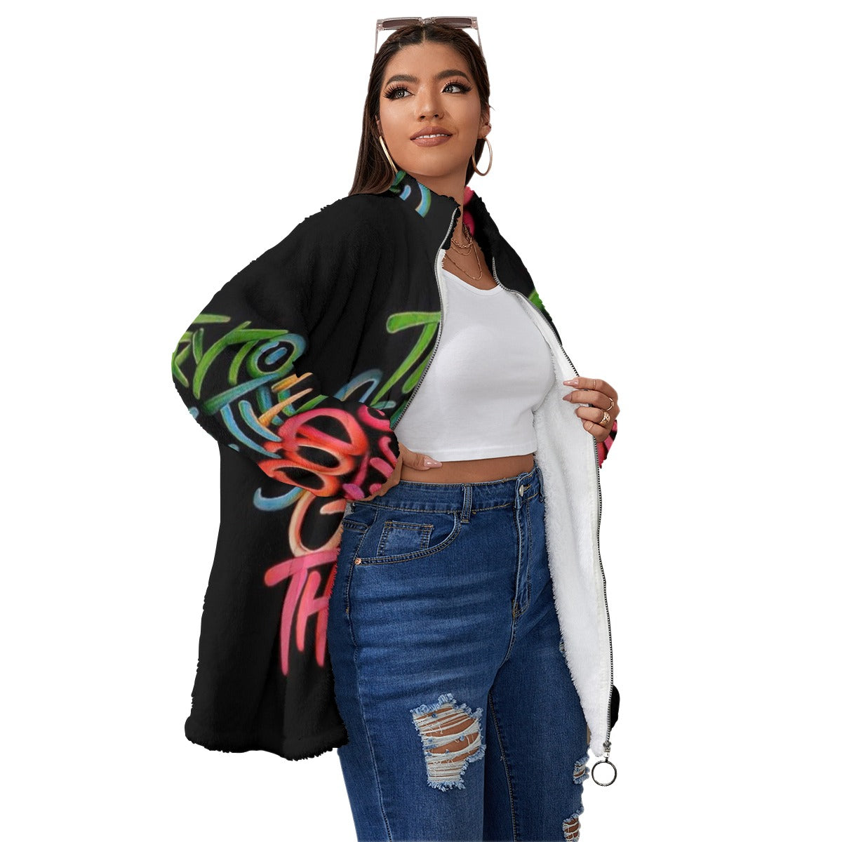 Vivid-Graffiti-Art Unisex Borg Fleece Stand-up Collar Coat With Zipper Closure(Plus Size)