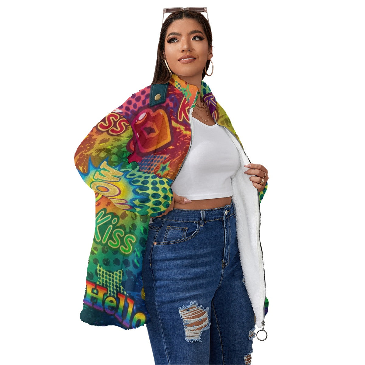 Graffiti-All-Over Print Unisex Borg Fleece Stand-up Collar Coat With Zipper Closure(Plus Size)