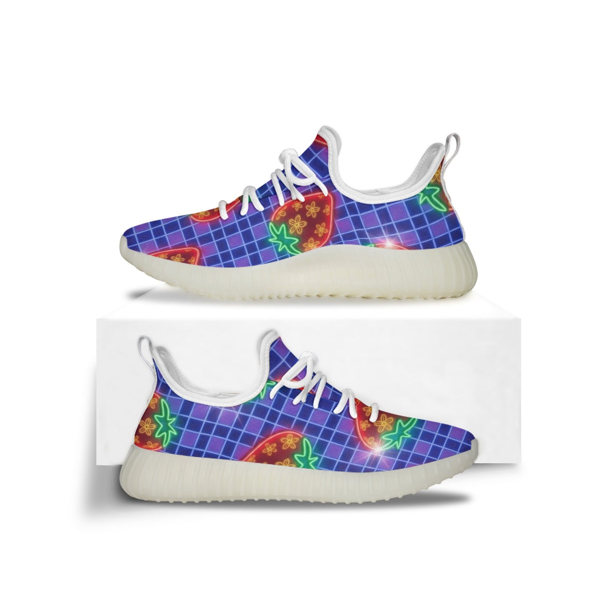 Grid-Pattern and Glowing Strawberries Women's Sports Shoes
