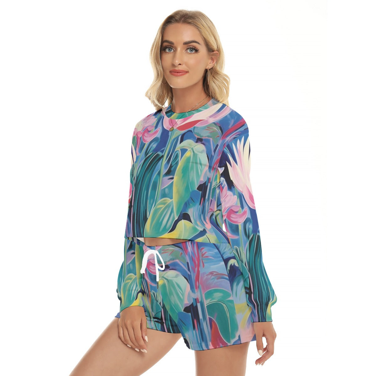 Tropical All-Over Print Women's Short Sweatshirt And Pants Suit