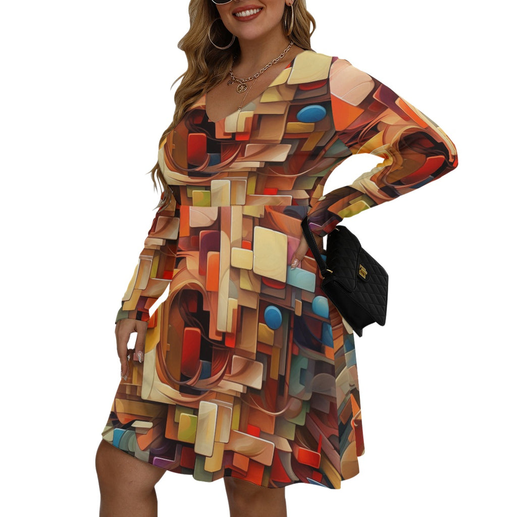 Cubist and Futurist Abstract Art All-Over Print Women's V-neck Long Sleeve Dress(Plus Size)
