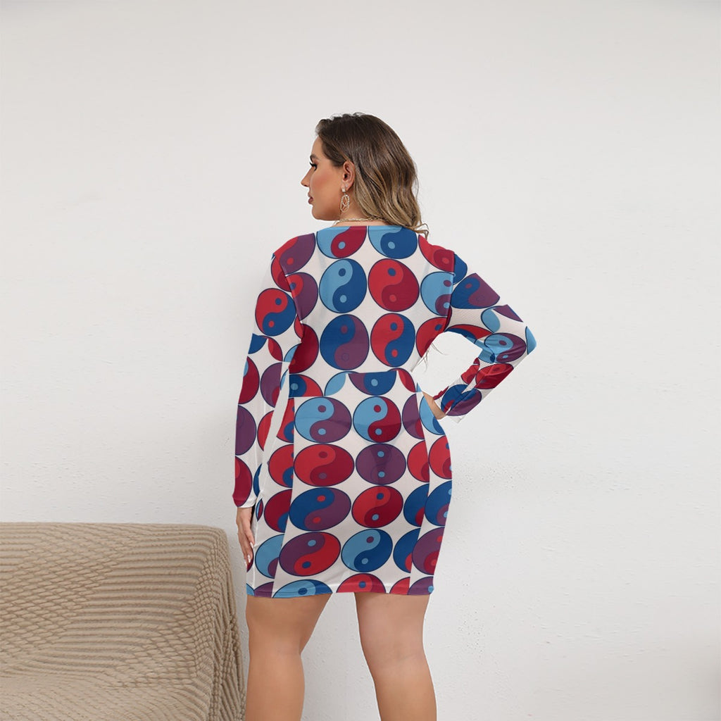 Red and Blue Yin Yang All-Over Print Women's Mesh Dress (Plus Size)