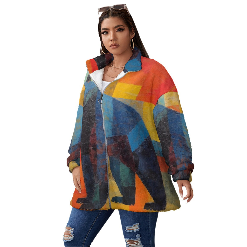 Colorful, Black-Bear Unisex Borg Fleece Stand-up Collar Coat With Zipper Closure(Plus Size)