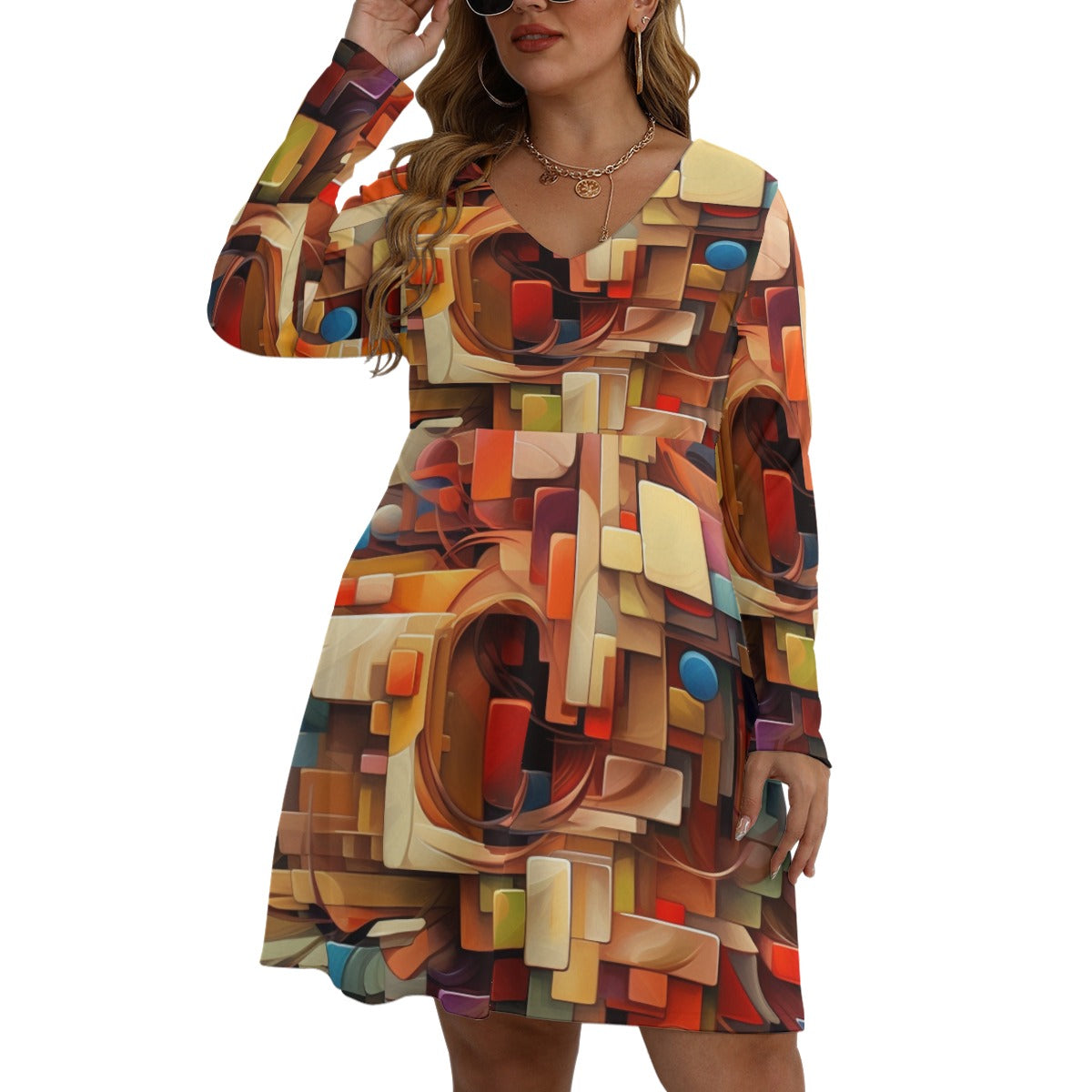 Cubist and Futurist Abstract Art All-Over Print Women's V-neck Long Sleeve Dress(Plus Size)