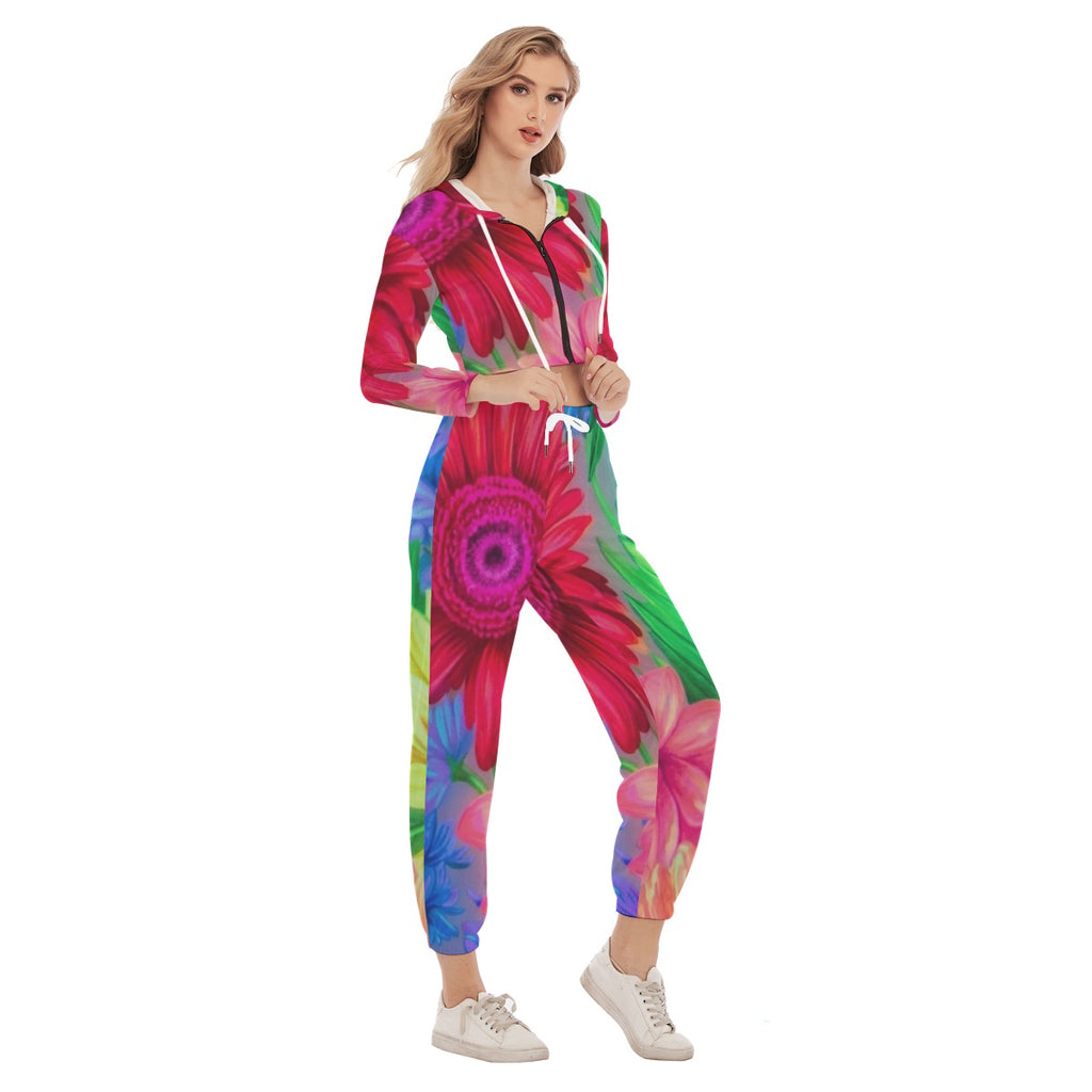 daisy and watercolor floral All-Over Print Women's Crop Hoodie Sports Set