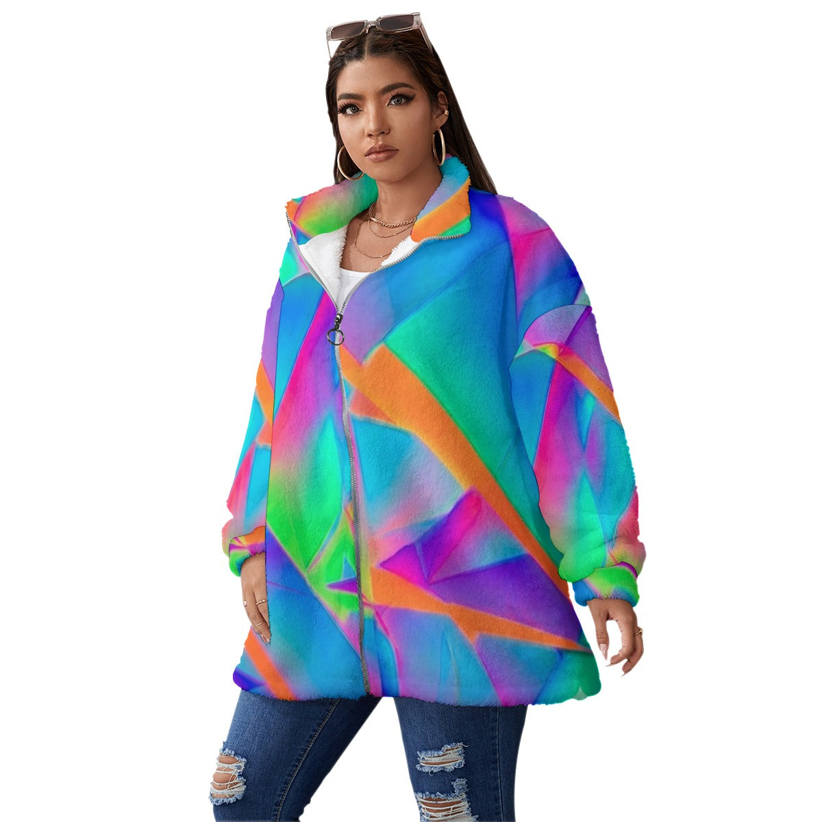 Eclectic-Mix-Shapes Unisex Borg Fleece Stand-up Collar Coat With Zipper Closure(Plus Size)