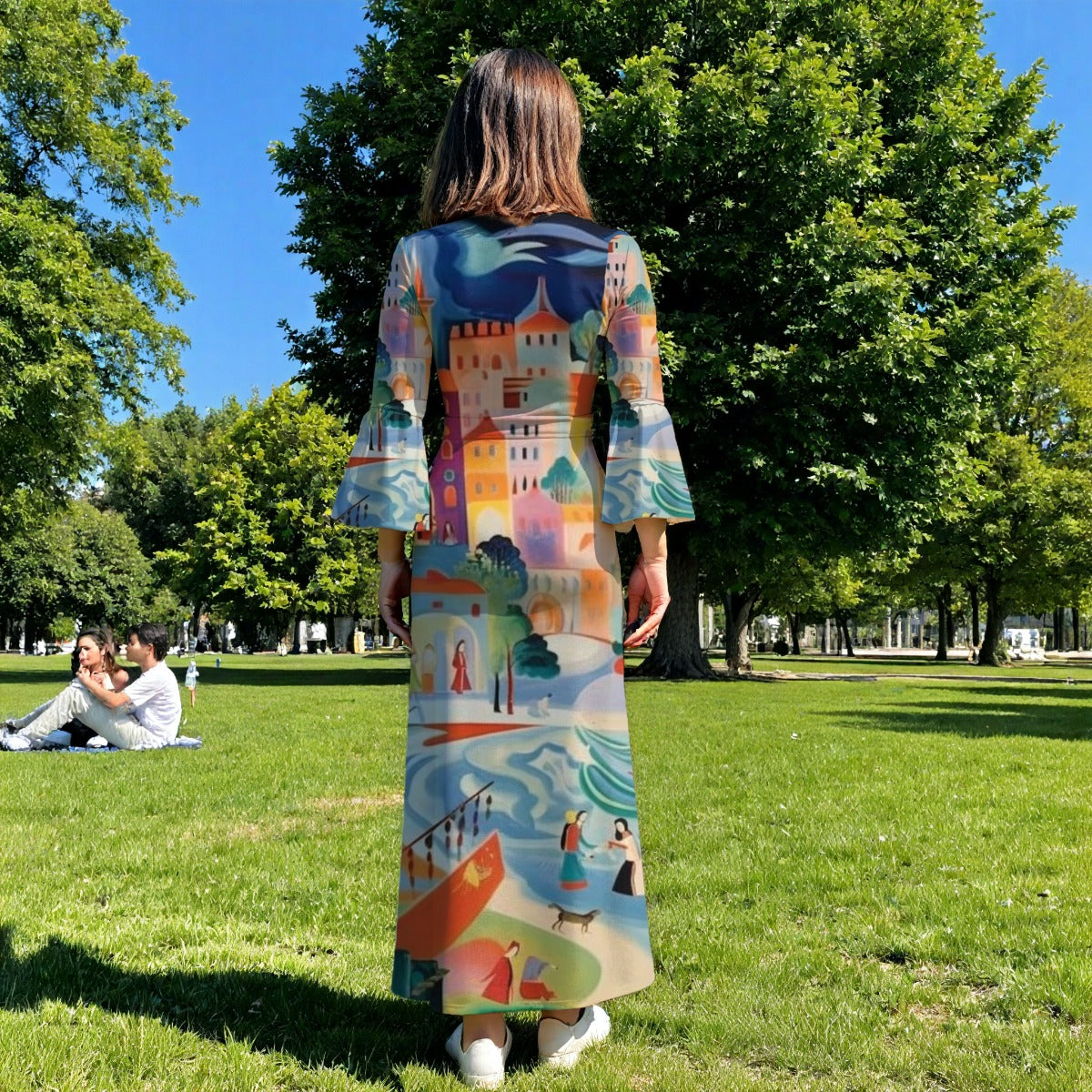 Color Splash Mediterranean- inspired coastal All-Over Print Women's V-Neck Long Sleeve Maxi Dress