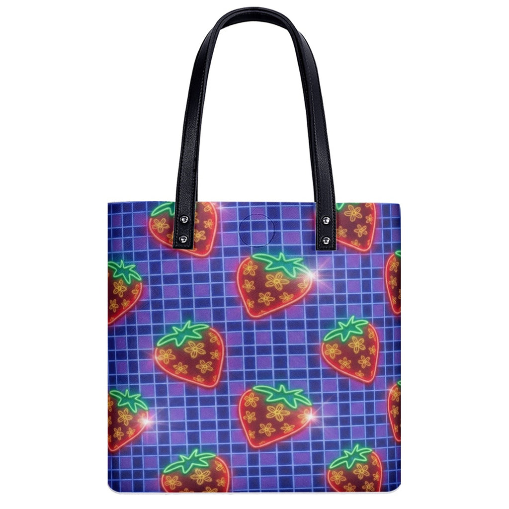 Grid-Pattern and Glowing Strawberries PU Shoulder Bag