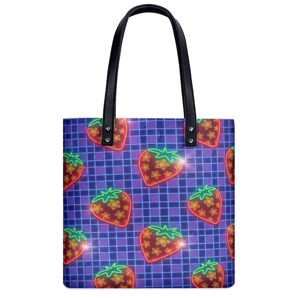 Grid-Pattern and Glowing Strawberries PU Shoulder Bag