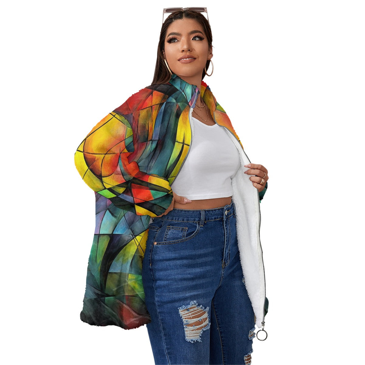 Multi-Color Mosaic Unisex Borg Fleece Stand-up Collar Coat With Zipper Closure(Plus Size)