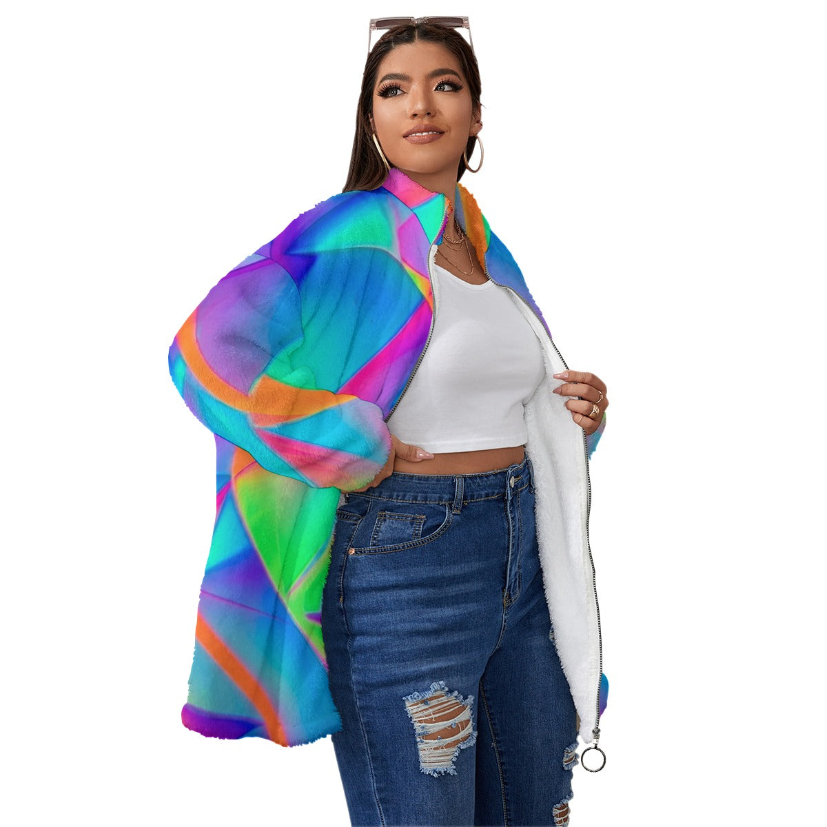 Eclectic-Mix-Shapes Unisex Borg Fleece Stand-up Collar Coat With Zipper Closure(Plus Size)