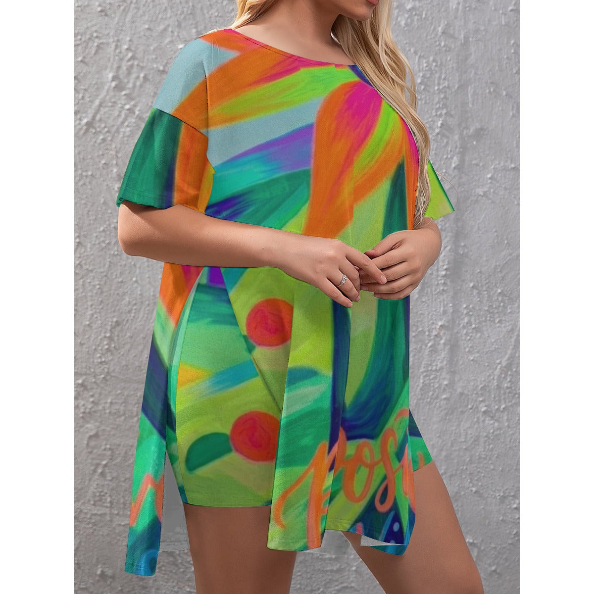 Multi-Color Abstract-Flower Women's Drop-Shoulder T-Shirt with Side Split and Shorts (Plus Size)