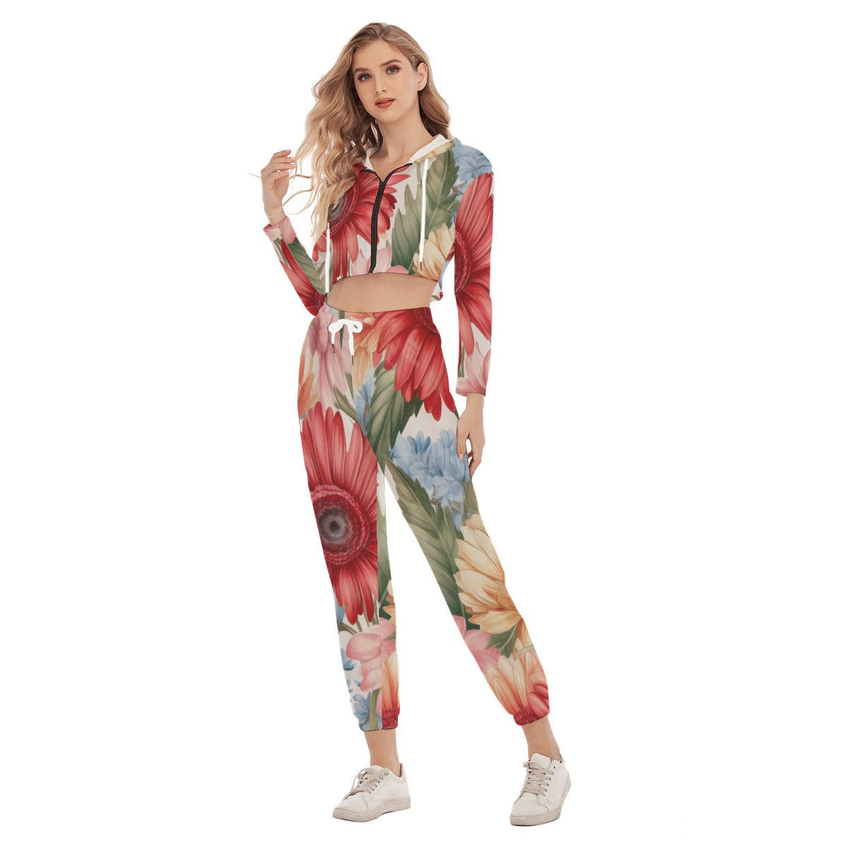 Gerbera daisies and tropical floral patterns All-Over Print Women's Crop Hoodie Sports Set