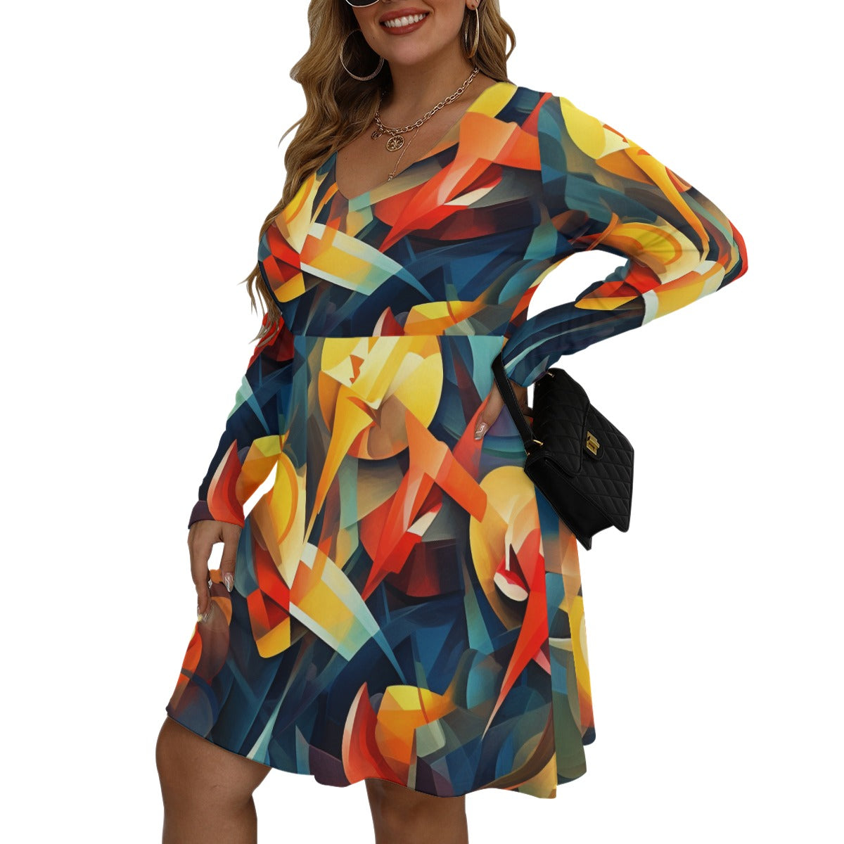 Vibrant Cubist Abstract Art  All-Over Print Women's V-neck Long Sleeve Dress(Plus Size)