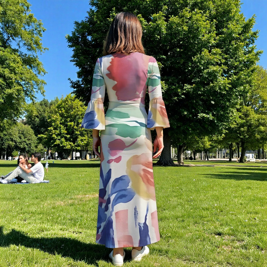 Vibrant Watercolor Brushstroke All-Over Print Women's V-Neck Long Sleeve Maxi Dress