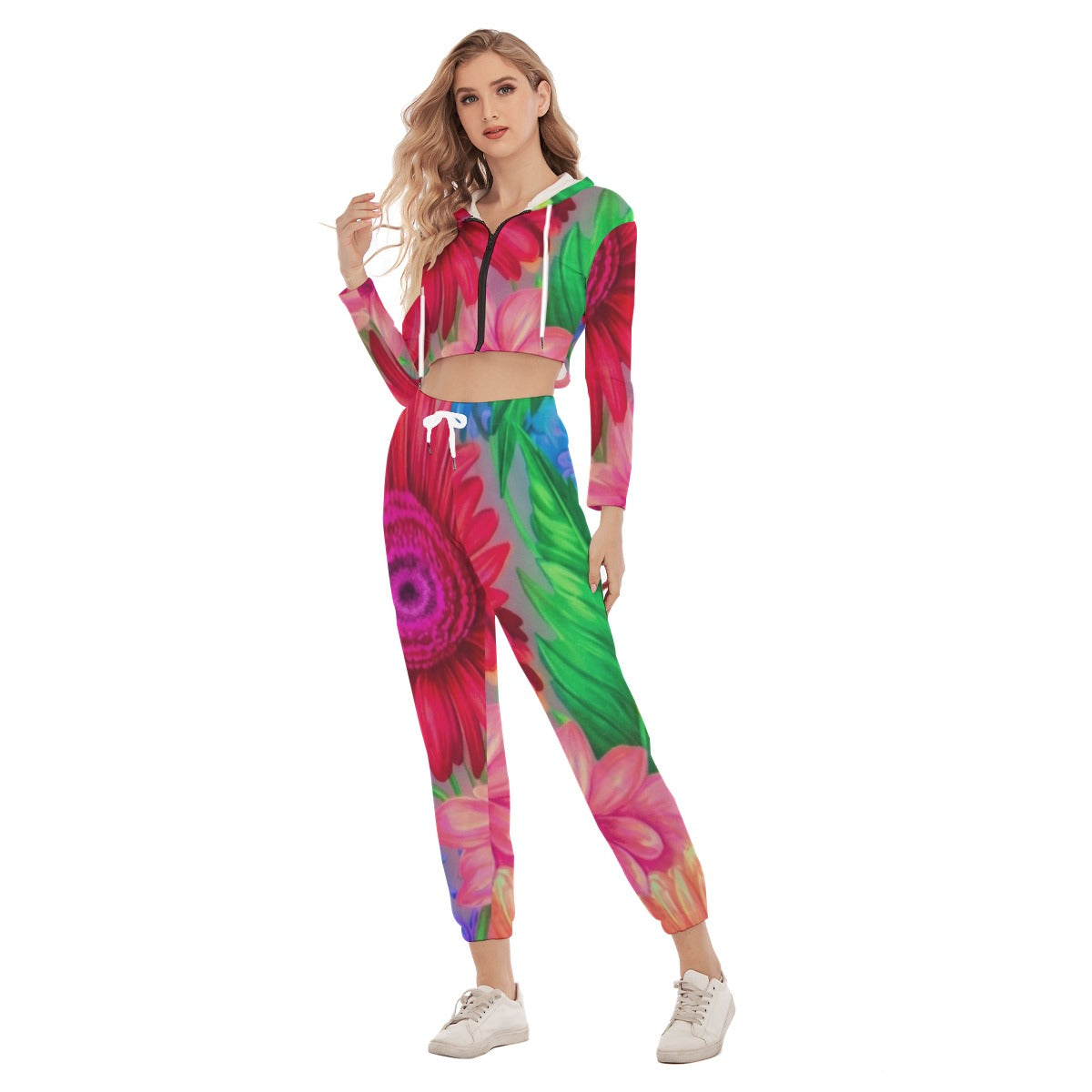 daisy and watercolor floral All-Over Print Women's Crop Hoodie Sports Set