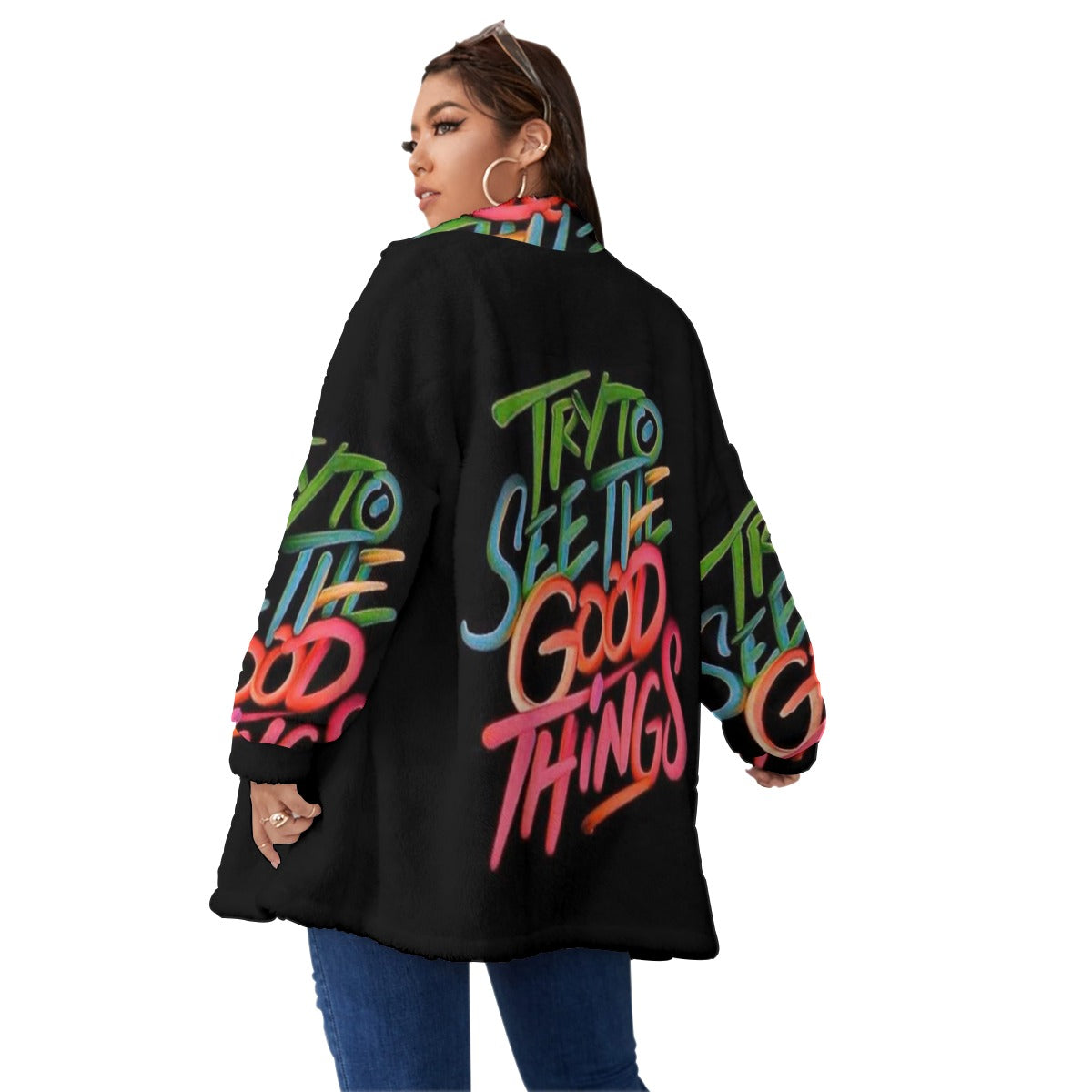 Vivid-Graffiti-Art Unisex Borg Fleece Stand-up Collar Coat With Zipper Closure(Plus Size)