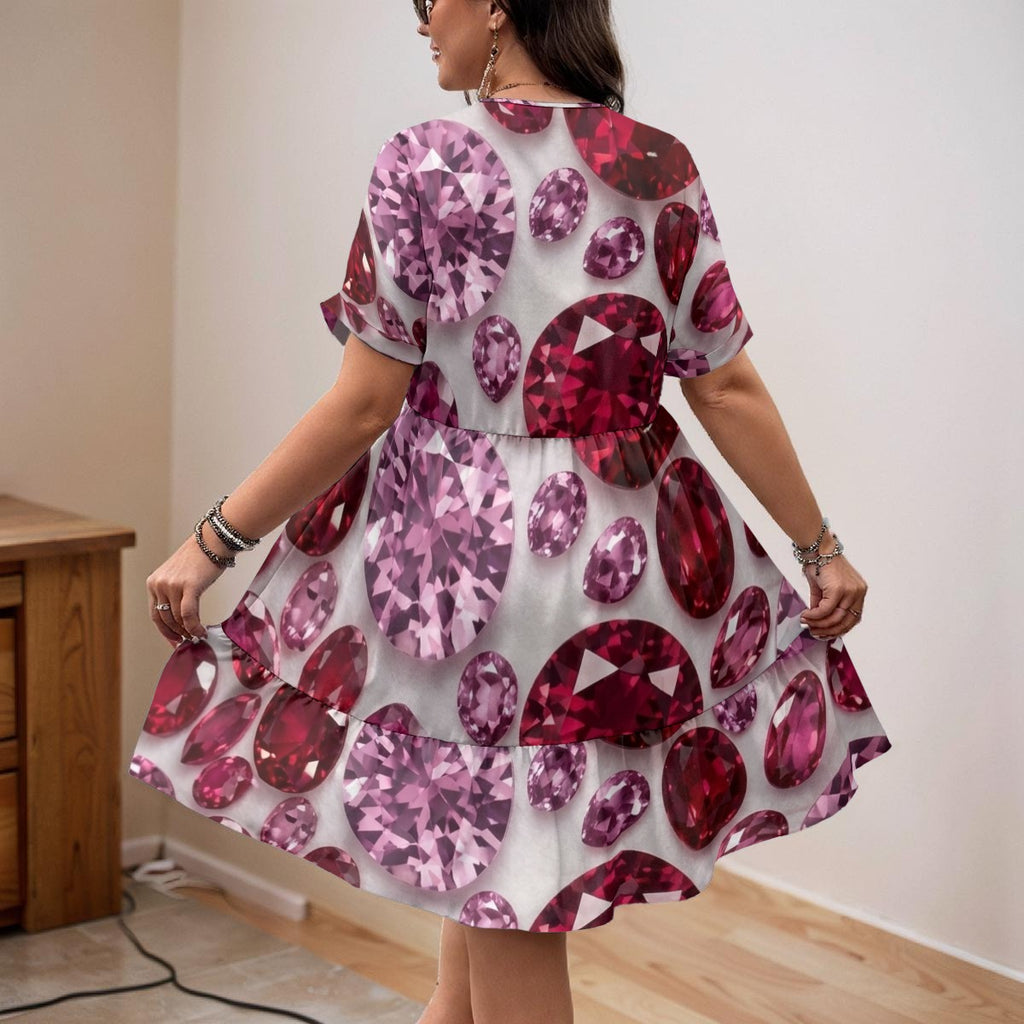 Pink and Red Gemstone All-Over Print Women’s Floral V-Neck Short Sleeve Dress